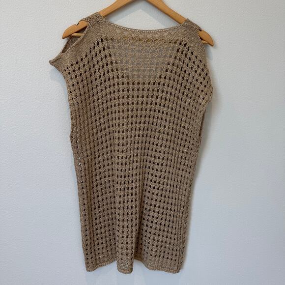 Italian Gold Woven Metallic Knit Pullover Cold Shoulder Tunic Cover-Up Top Dress - Picture 9 of 9